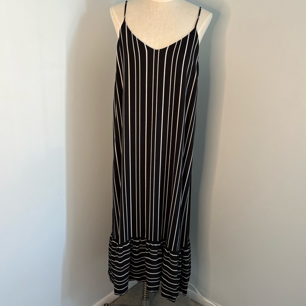 Black and White Striped Sundress with long ruffle hem and spaghetti straps